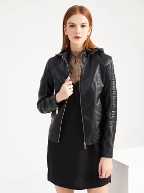 2024 Women's Hooded PU Leather Moto Jacket for Spring Outerwear.