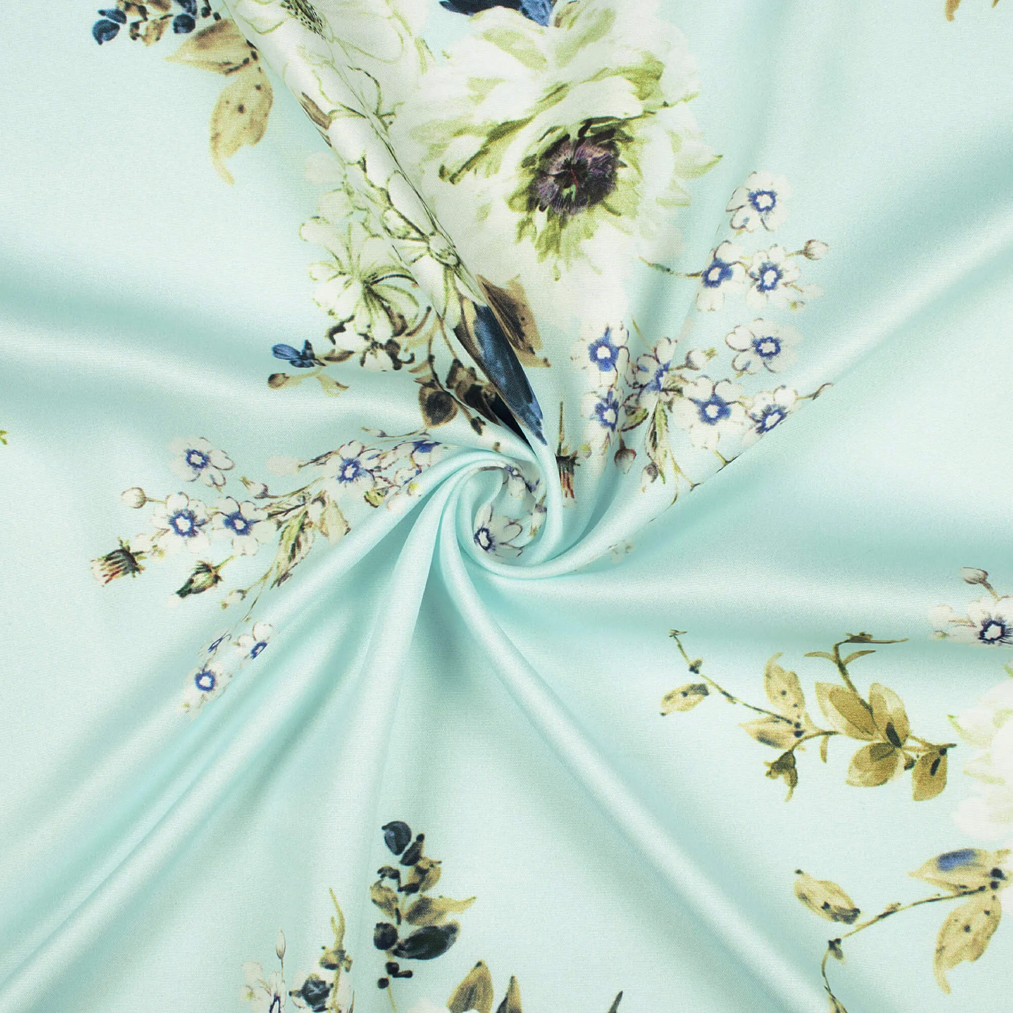 Arctic Blue Floral Print Poly Micro Crepe Fabric