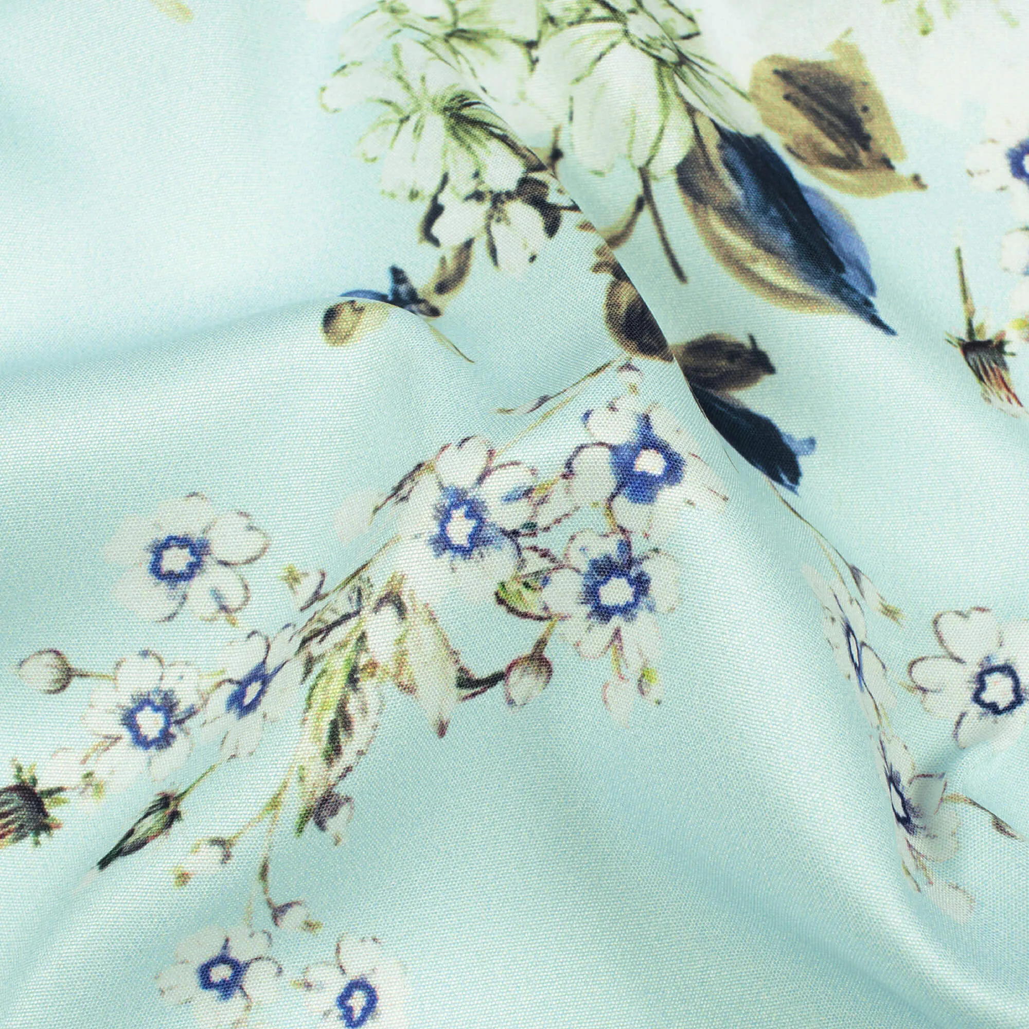 Arctic Blue Floral Print Poly Micro Crepe Fabric