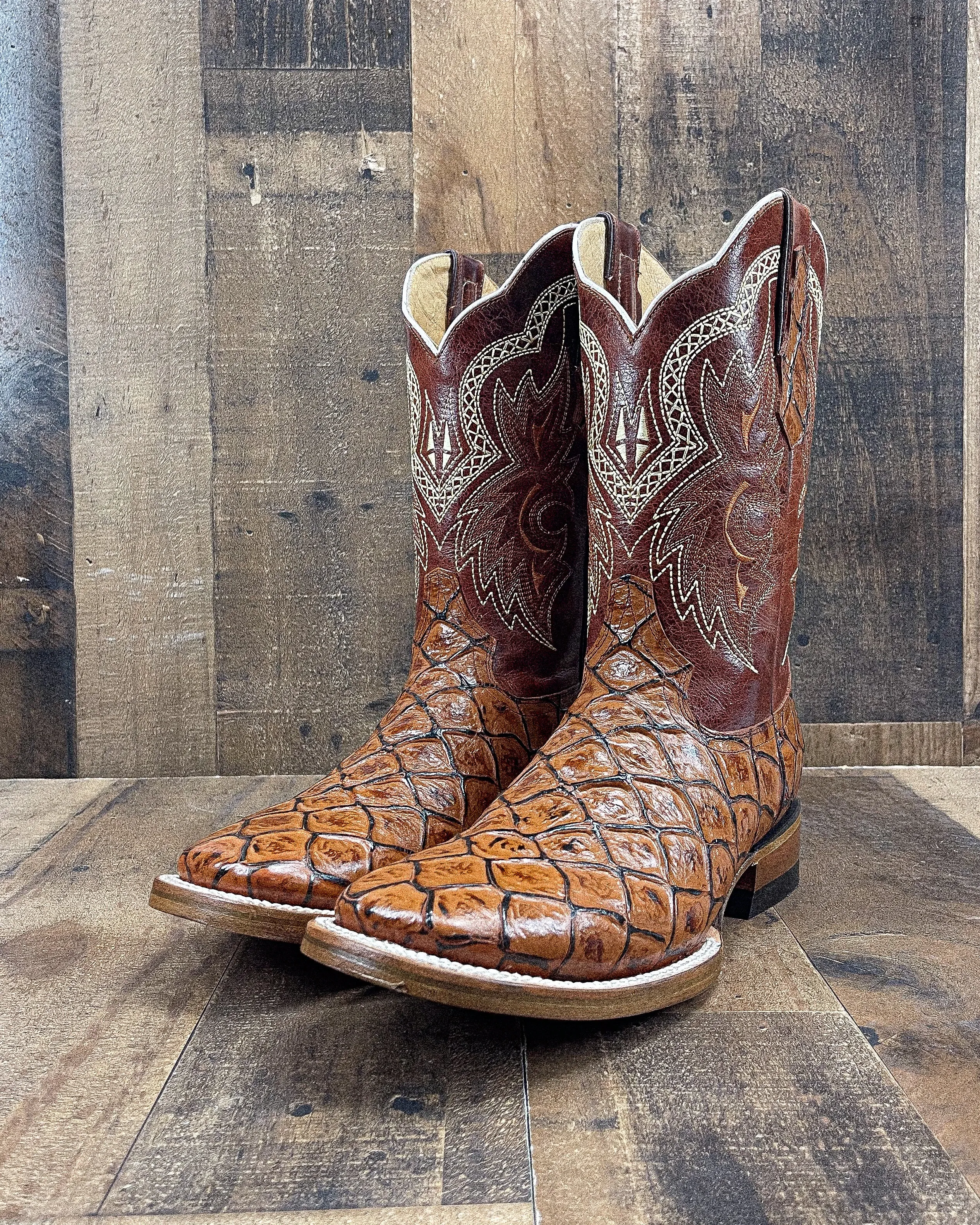 Bass Cognac Cowboy Boots for Men with Square Toe