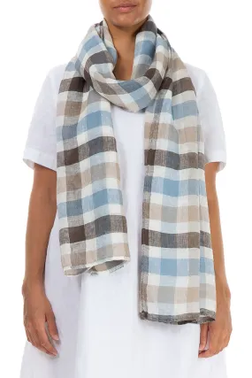 Beige & Blue Checkered Linen Scarf