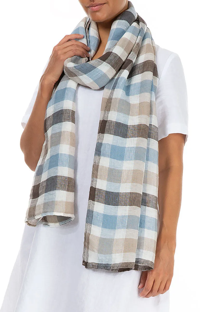 Beige & Blue Checkered Linen Scarf