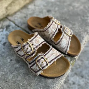 beige burgundy sandals