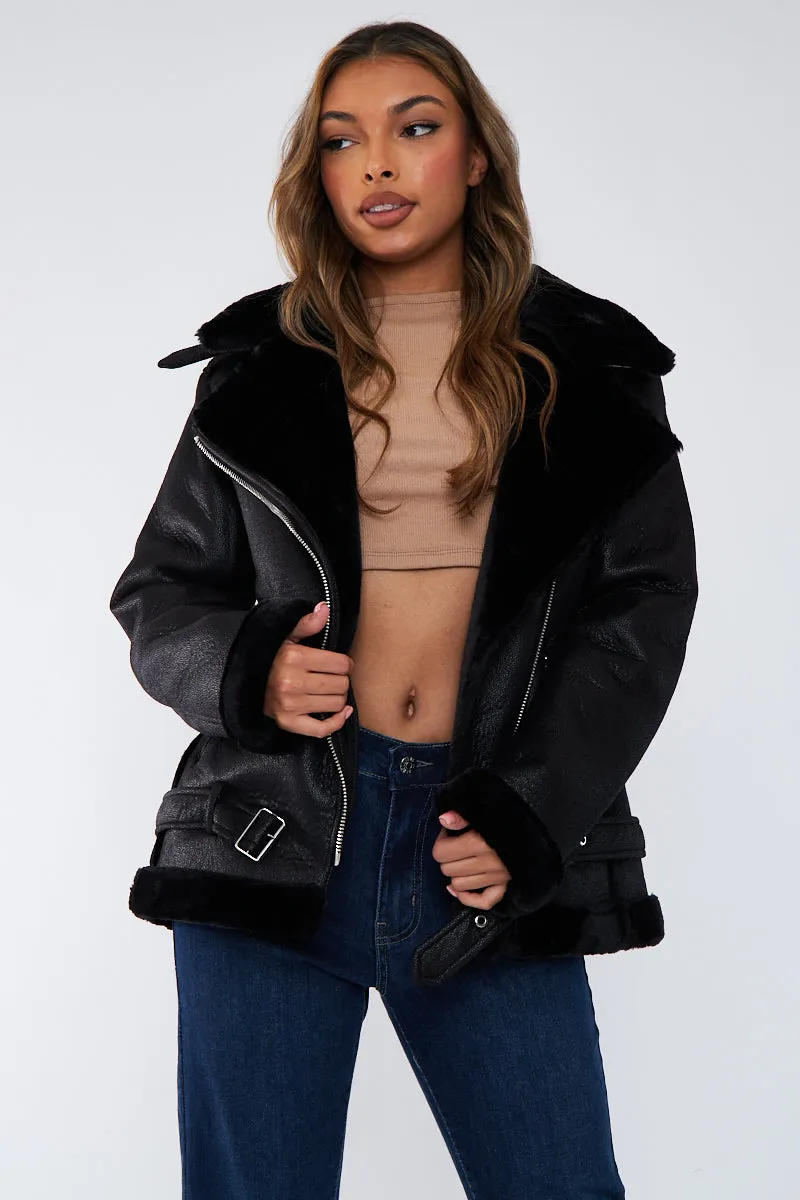 Black Aviator Jacket in Faux Leather - Juniper