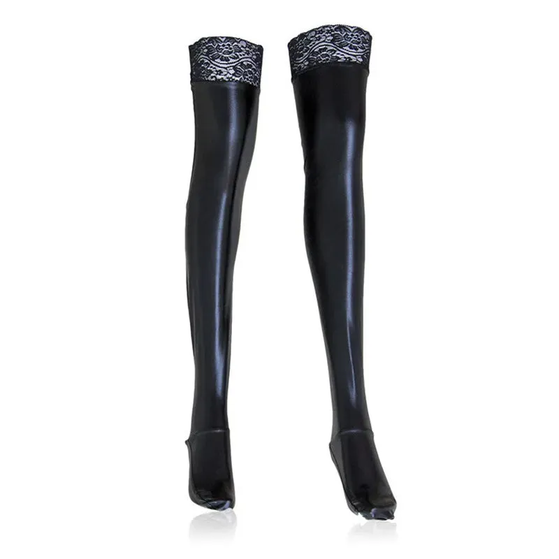 Black Faux Leather Thigh High Stockings with Lace Silicone Latex for Women