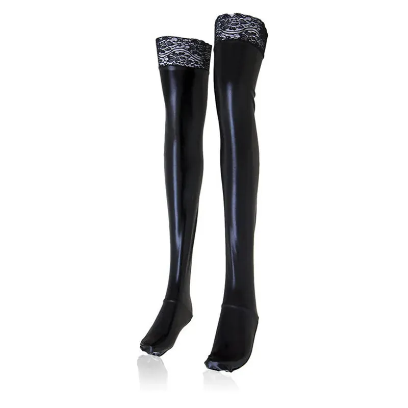 Black Faux Leather Thigh High Stockings with Lace Silicone Latex for Women