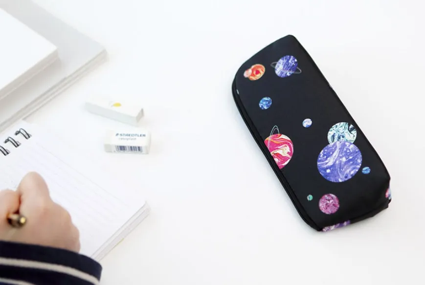 Black Planet Space Pencil Case Zipper School Office Cosmetics Bag 19cm