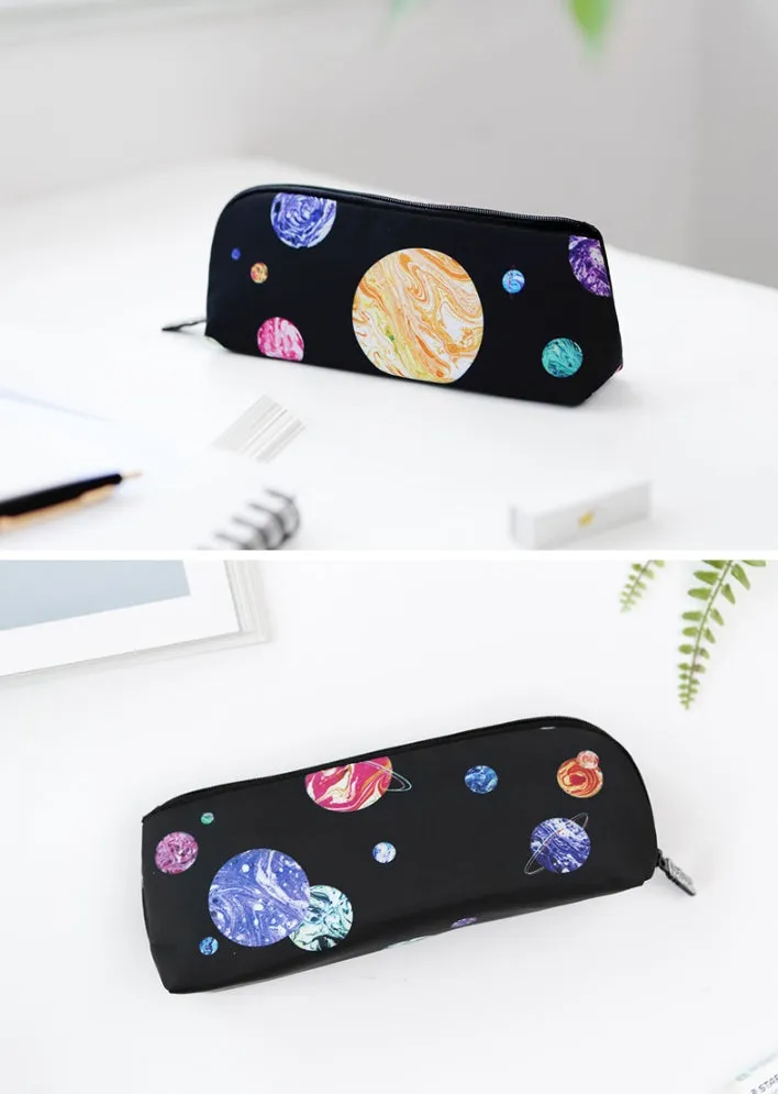 Black Planet Space Pencil Case Zipper School Office Cosmetics Bag 19cm