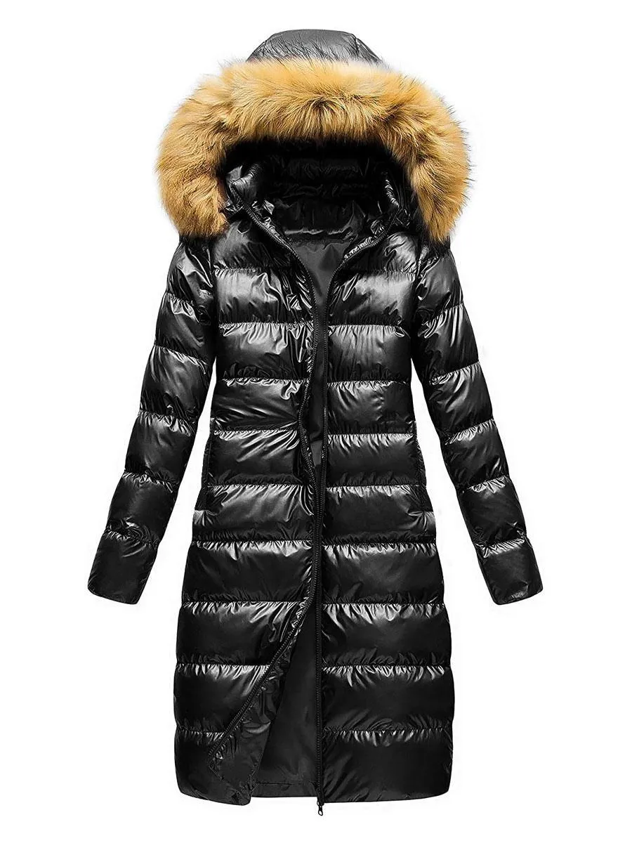 Black Puffer Coat with Faux Fur Hood for Women - Winter Outerwear