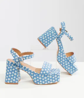 Blue Daisy Denim Platform Sandals in 1970s Style