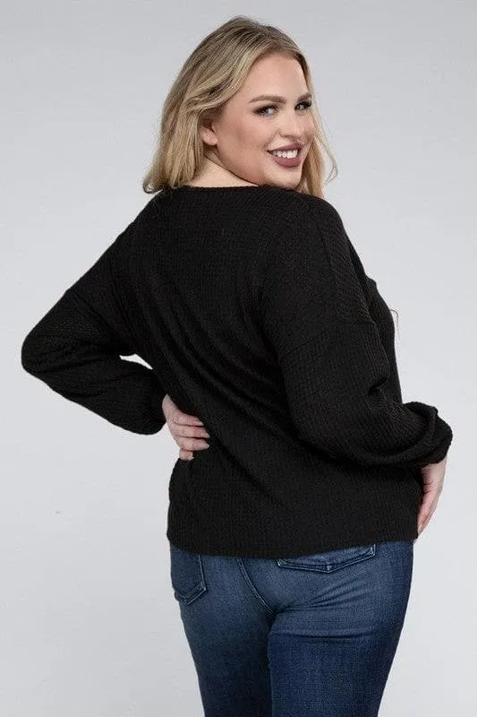 Brushed Waffle V-Neck Button Detail Sweater by ZENANA Plus