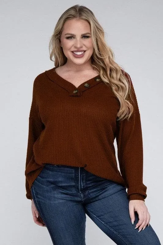 Brushed Waffle V-Neck Button Detail Sweater by ZENANA Plus