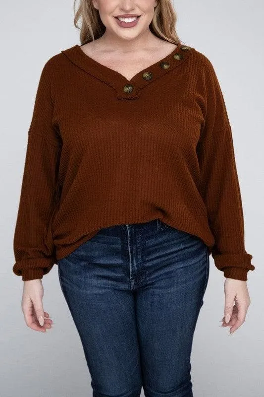 Brushed Waffle V-Neck Button Detail Sweater by ZENANA Plus