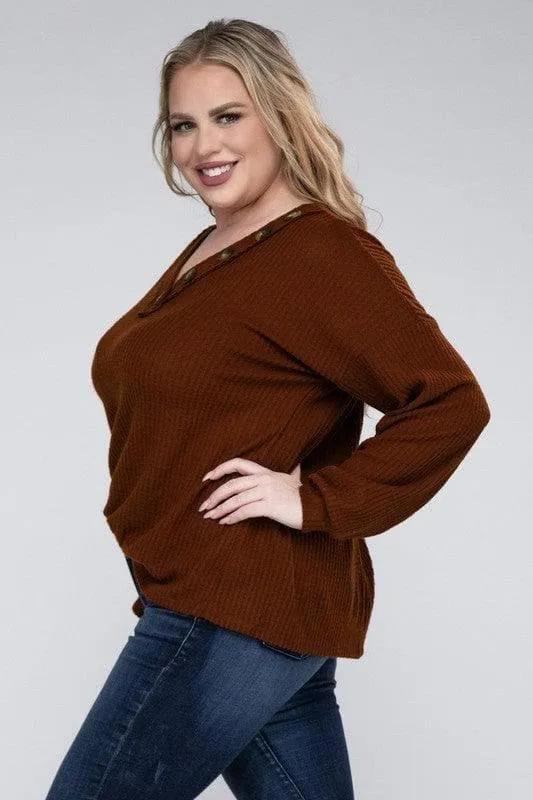 Brushed Waffle V-Neck Button Detail Sweater by ZENANA Plus