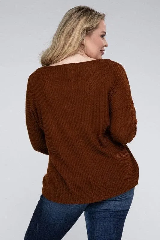 Brushed Waffle V-Neck Button Detail Sweater by ZENANA Plus