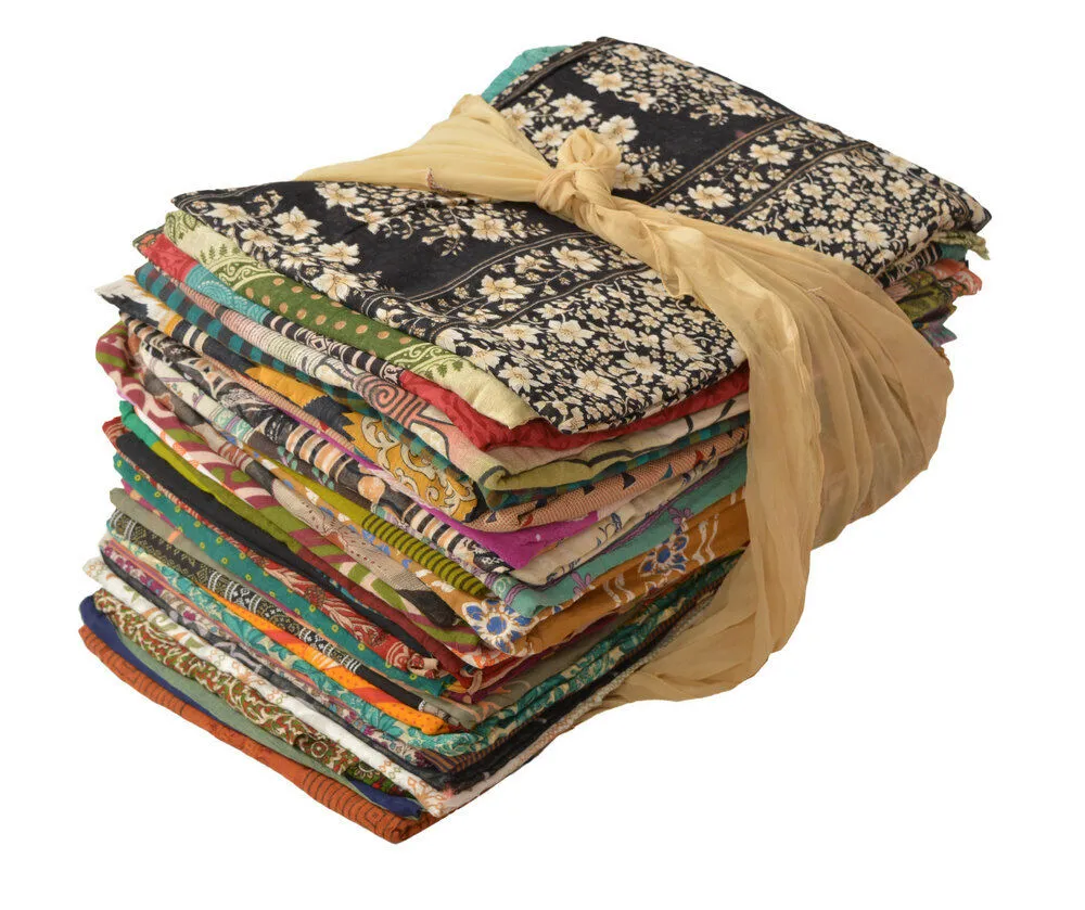 Bulk Lot of 40 Recycled Pure Cotton Sari Fabrics for Fiber Art and Craft - Essential Sarees