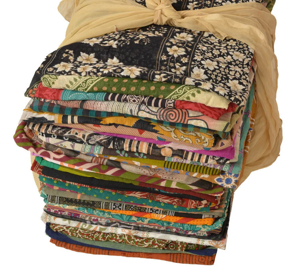 Bulk Lot of 40 Recycled Pure Cotton Sari Fabrics for Fiber Art and Craft - Essential Sarees