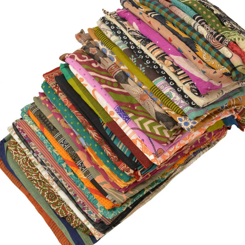 Bulk Lot of 40 Recycled Pure Cotton Sari Fabrics for Fiber Art and Craft - Essential Sarees