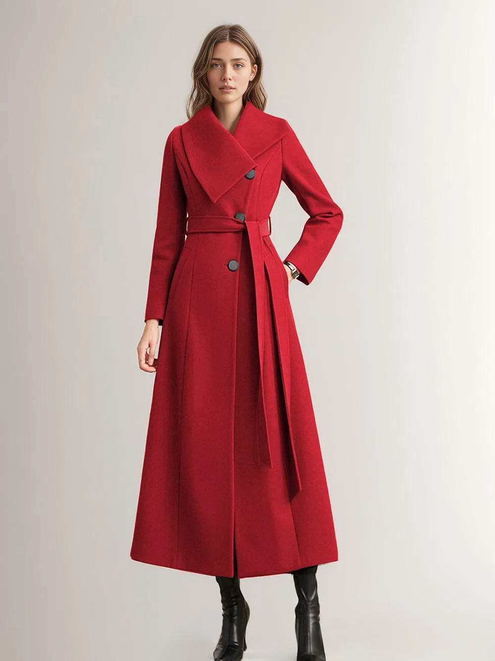 Burgundy Women's Long Coat with Sash Belt, Warm Winter Outerwear 2024