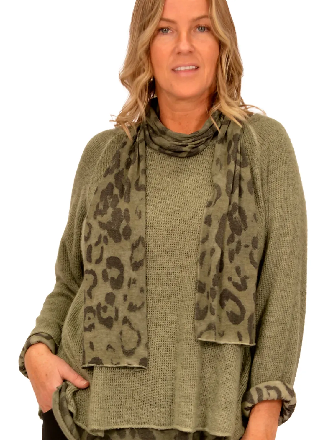 Catherine White Sweater with Leopard Print Scarf.