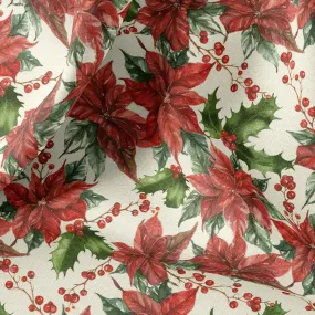 Christmas Poinsettia Linen Fabric, Bedding, Curtains, Clothing, Upholstery - Sold by Yard or Meter