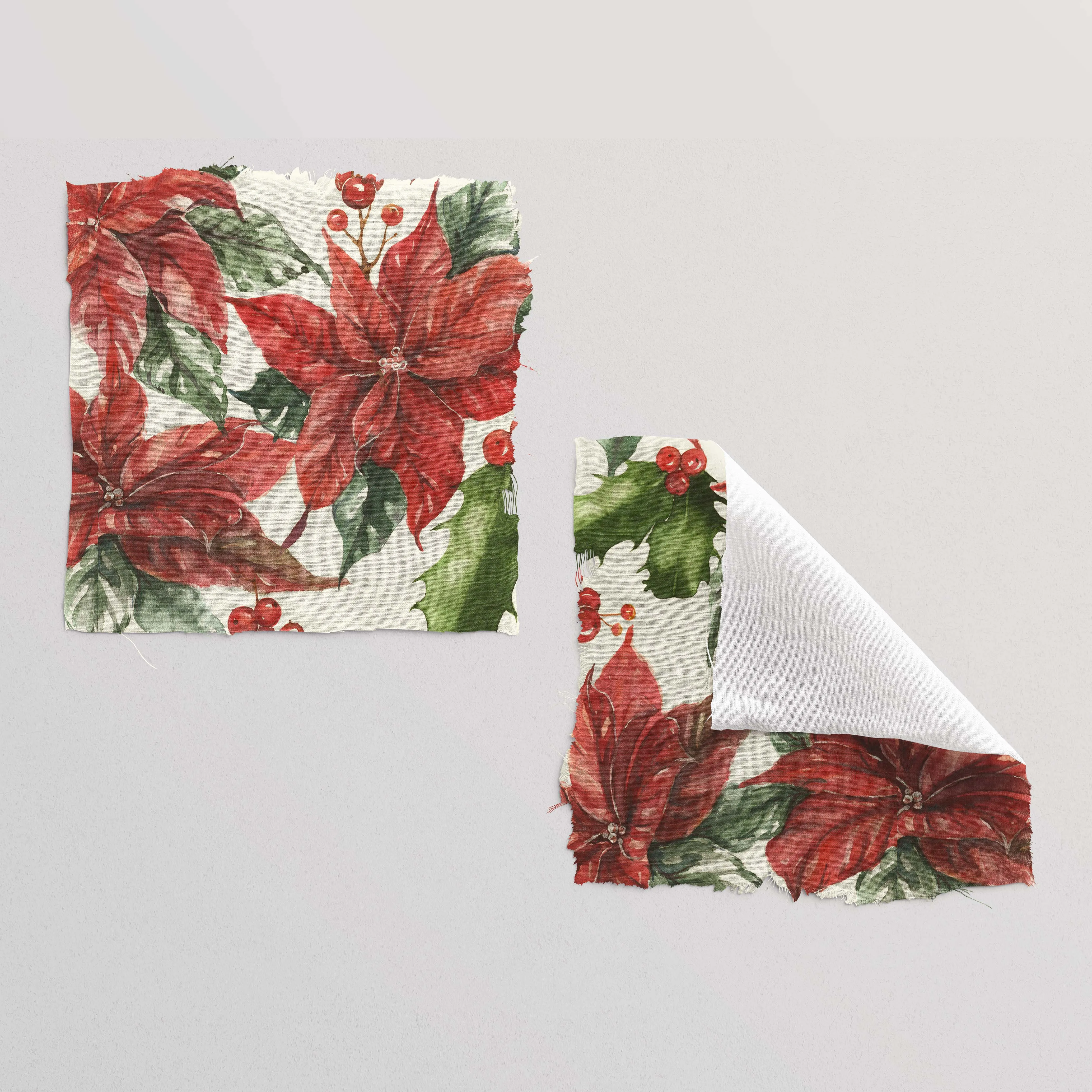 Christmas Poinsettia Linen Fabric, Bedding, Curtains, Clothing, Upholstery - Sold by Yard or Meter