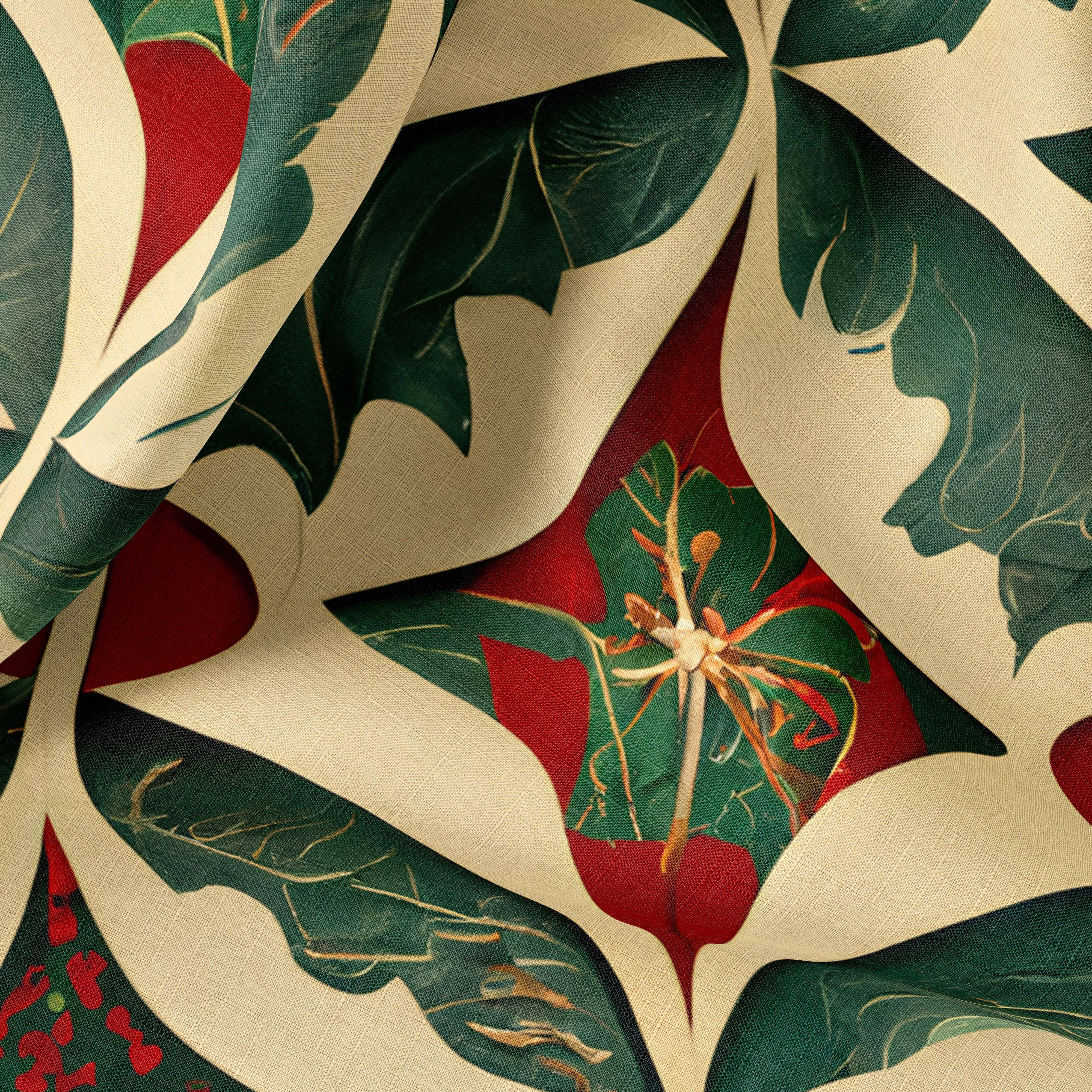 Christmas Print Linen Fabric for Bedding, Curtains, Clothing & Upholstery - Art Nouveau Style - Sold by Yard or Meter