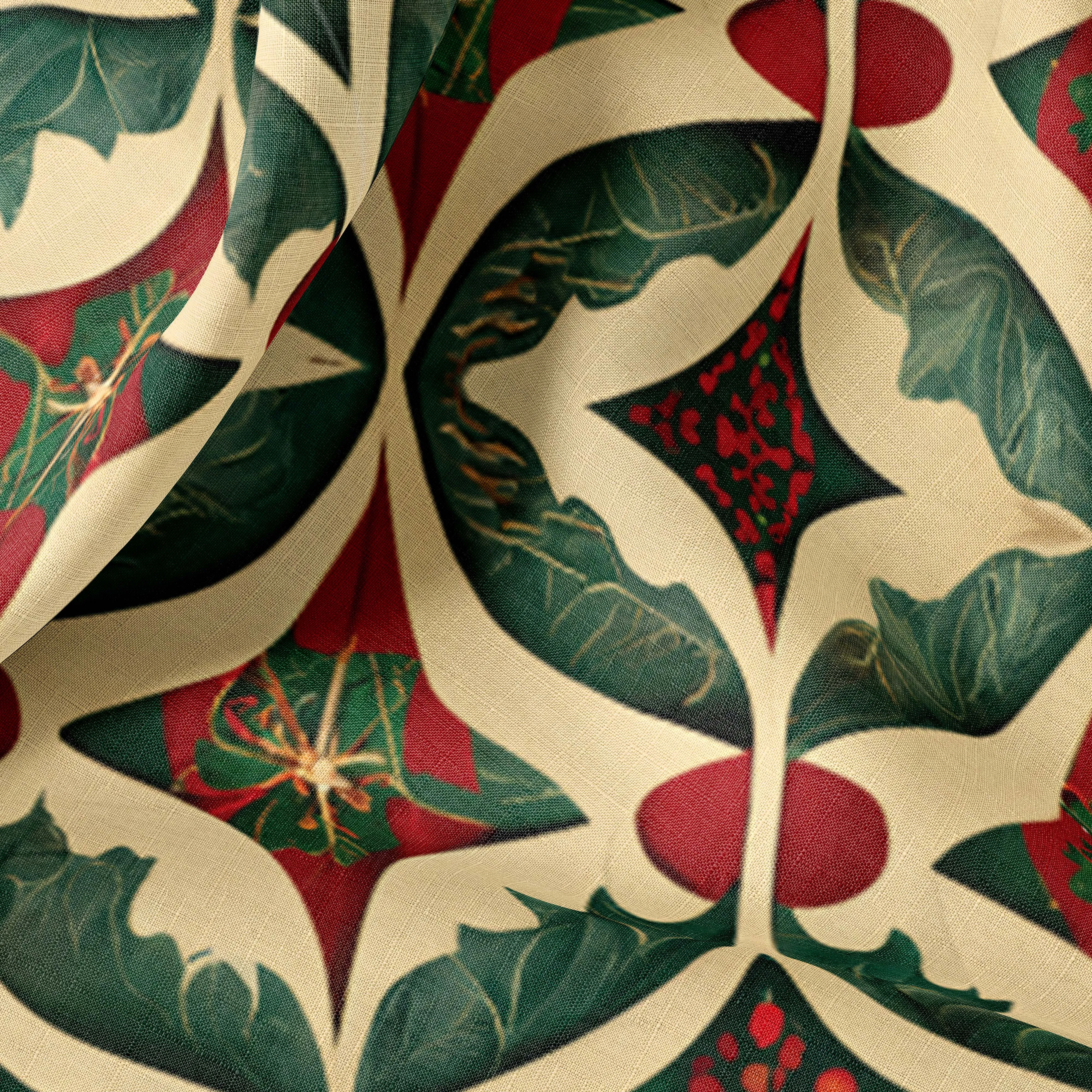 Christmas Print Linen Fabric for Bedding, Curtains, Clothing & Upholstery - Art Nouveau Style - Sold by Yard or Meter