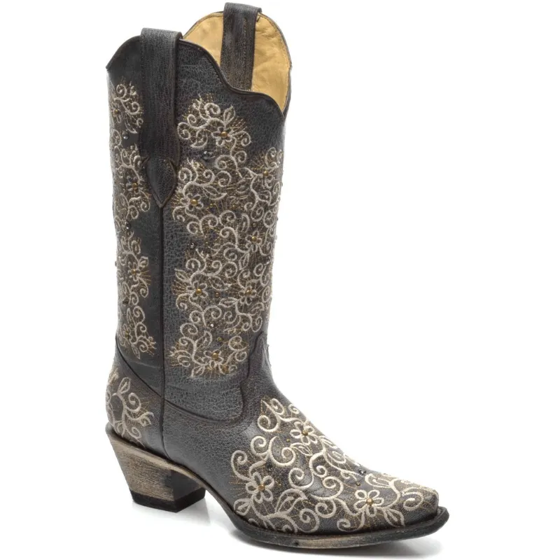 Corral R1408 Gray Floral Embroidered Women's Cowgirl Boots