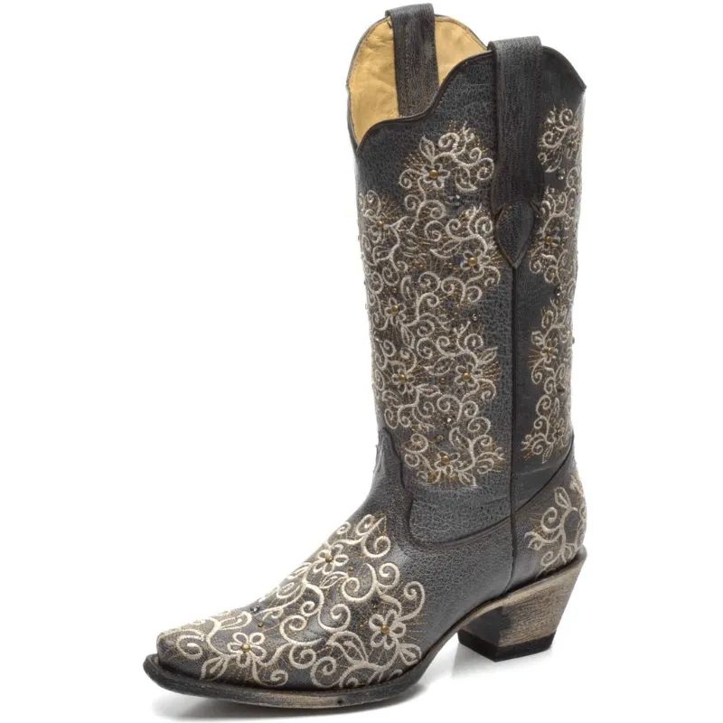 Corral R1408 Gray Floral Embroidered Women's Cowgirl Boots