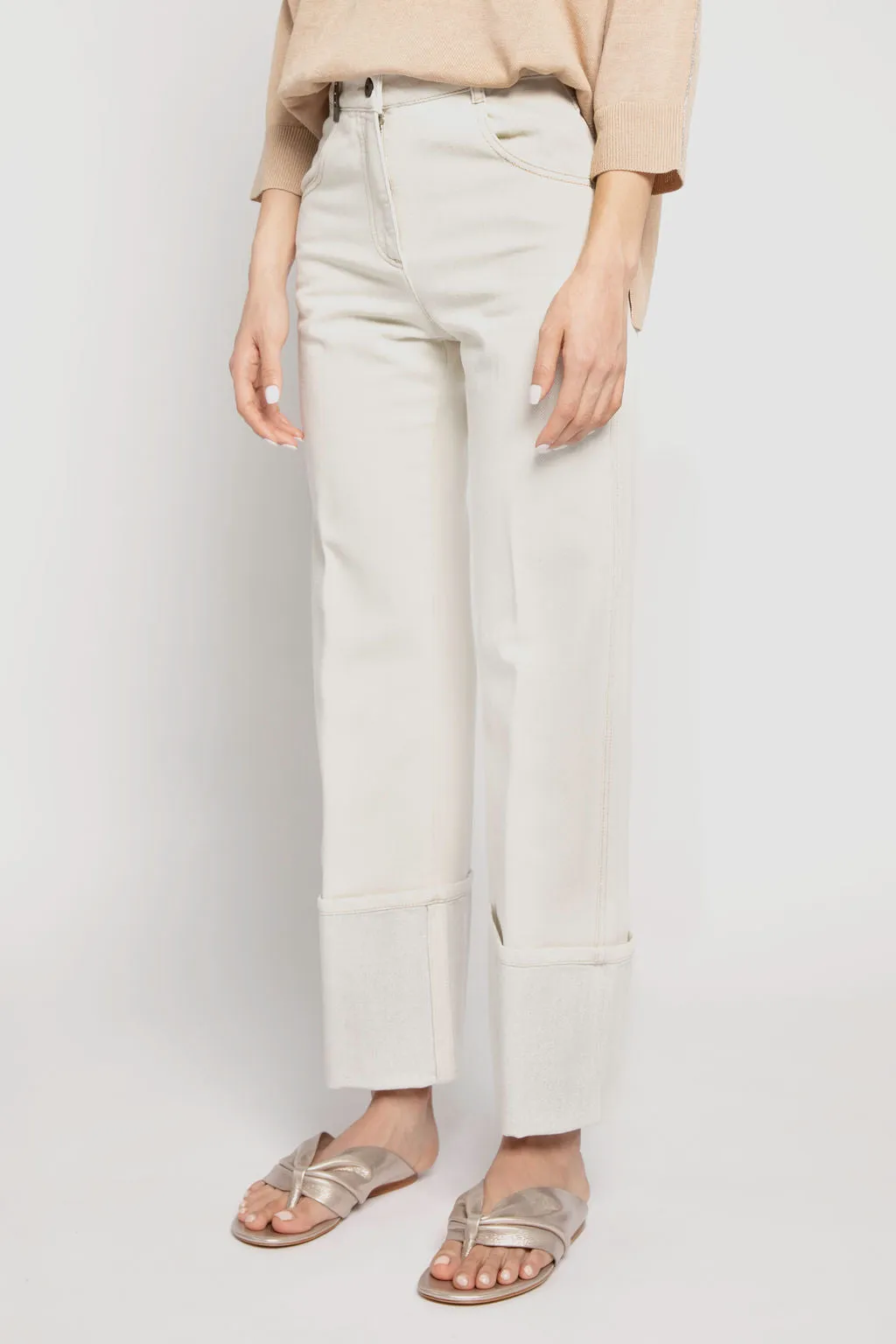 Cotton Pant with Lurex Cuffs - Women's Fashion Piece