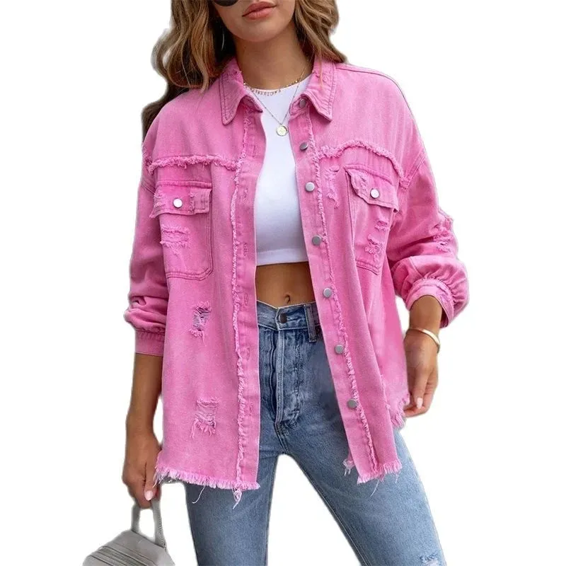 Denim Jacket with Holes and Raw Edges for Women - Casual Outerwear Top