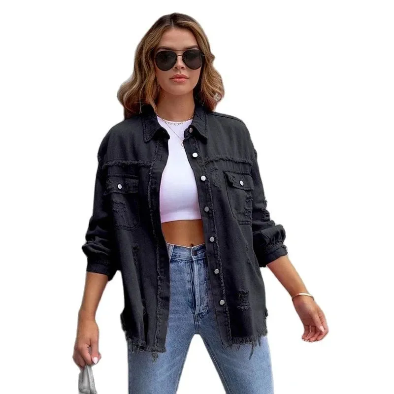 Denim Jacket with Holes and Raw Edges for Women - Casual Outerwear Top