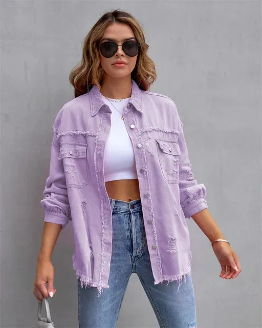 Denim Jacket with Holes and Raw Edges for Women - Casual Outerwear Top