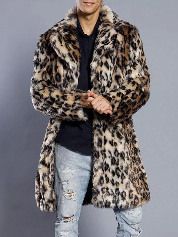 Leopard Print Faux Fur Men's Coat with Turn-down Collar - Long Overcoat for Winter wear