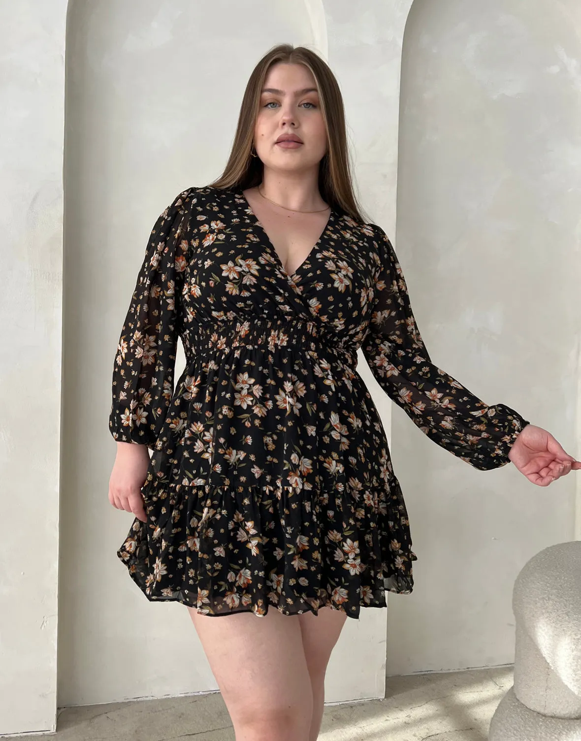 Floral Surplice Long Sleeve Dress in Plus Size