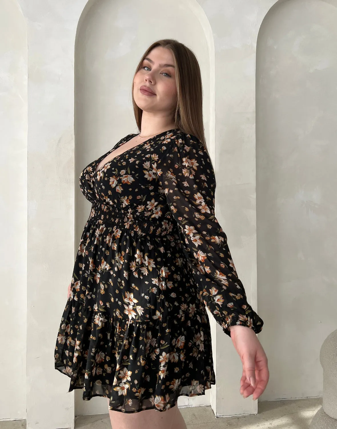 Floral Surplice Long Sleeve Dress in Plus Size