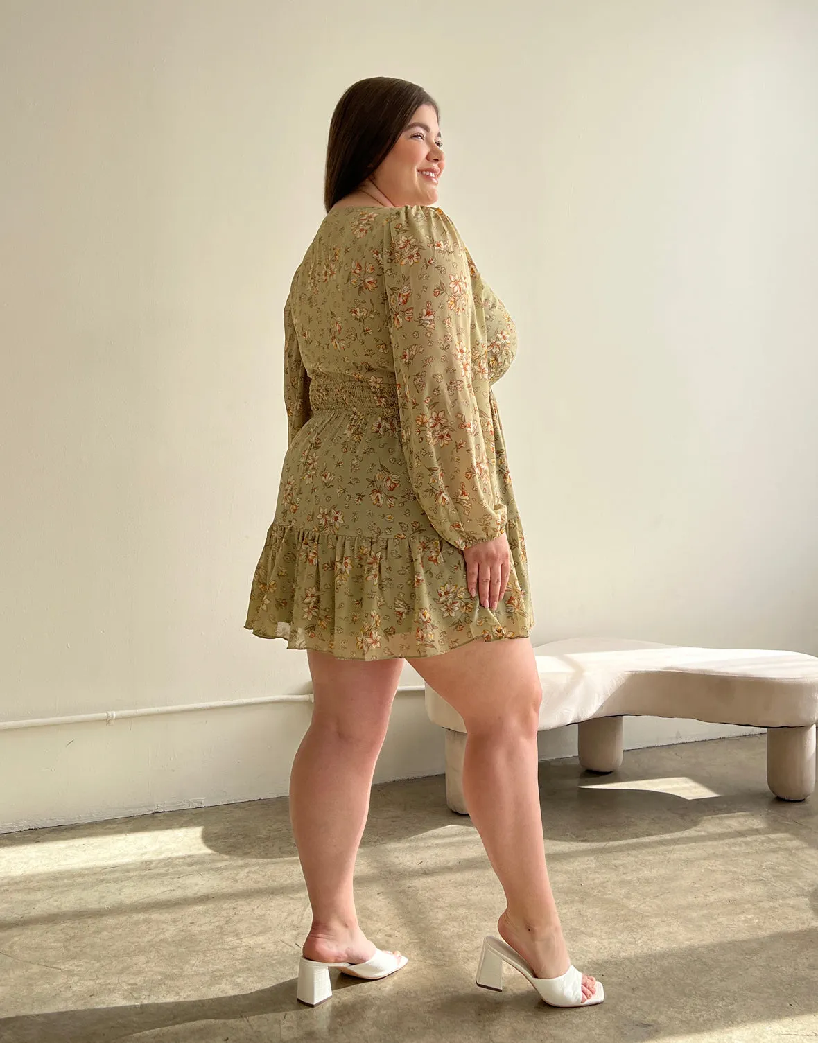 Floral Surplice Long Sleeve Dress in Plus Size