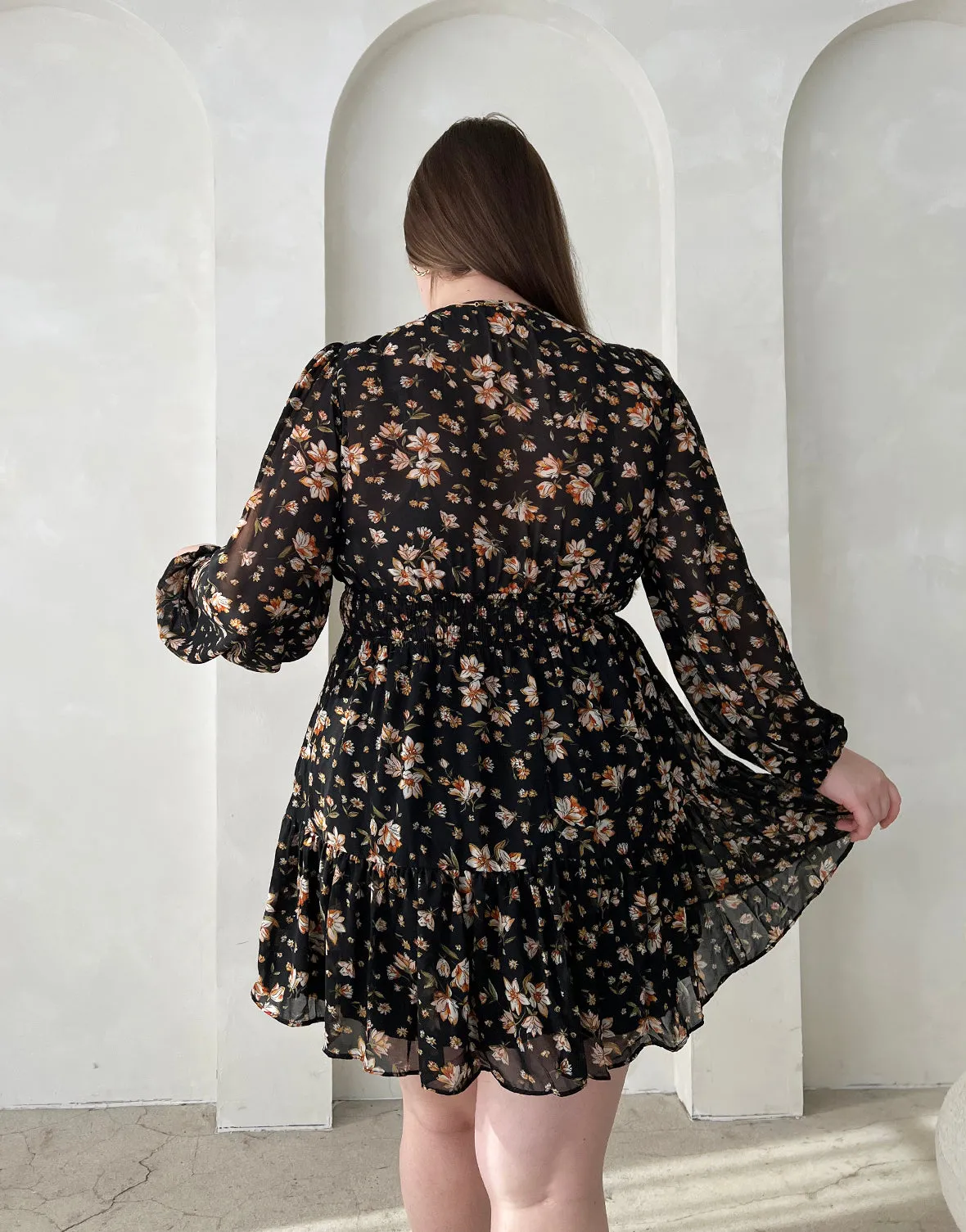 Floral Surplice Long Sleeve Dress in Plus Size