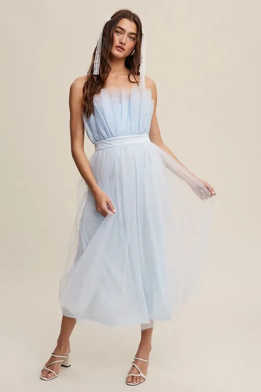 Frilled Tulle Midi Dress with Paper Bag Waist