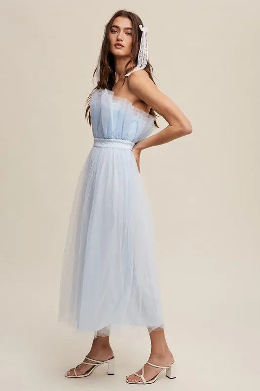 Frilled Tulle Midi Dress with Paper Bag Waist