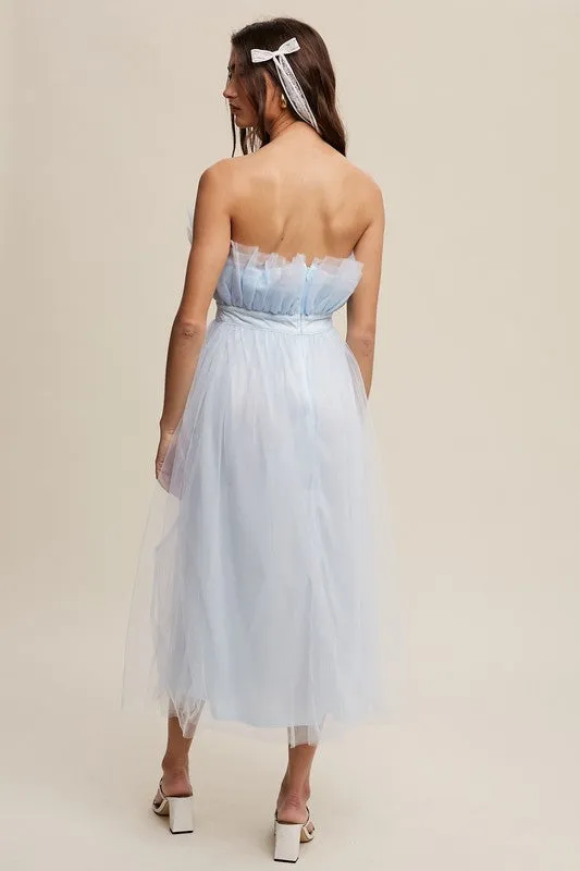 Frilled Tulle Midi Dress with Paper Bag Waist