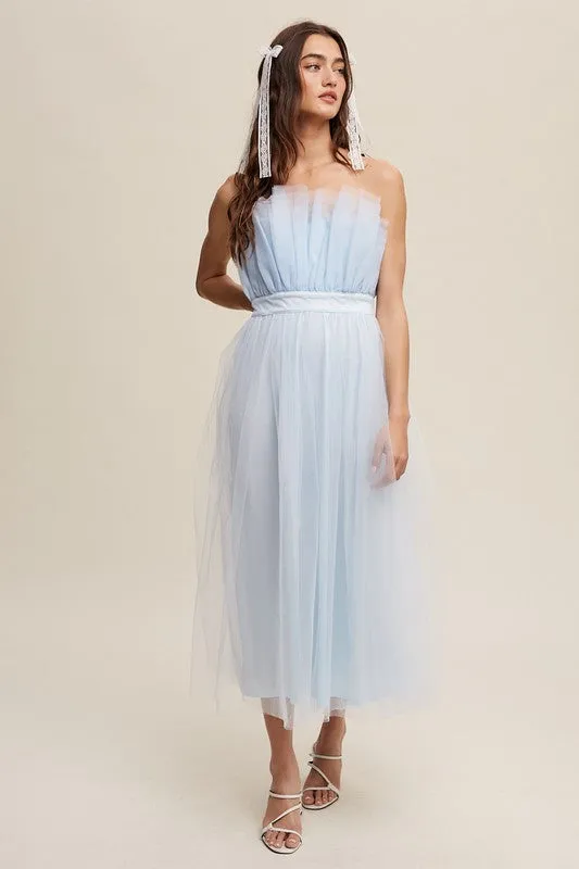 Frilled Tulle Midi Dress with Paper Bag Waist