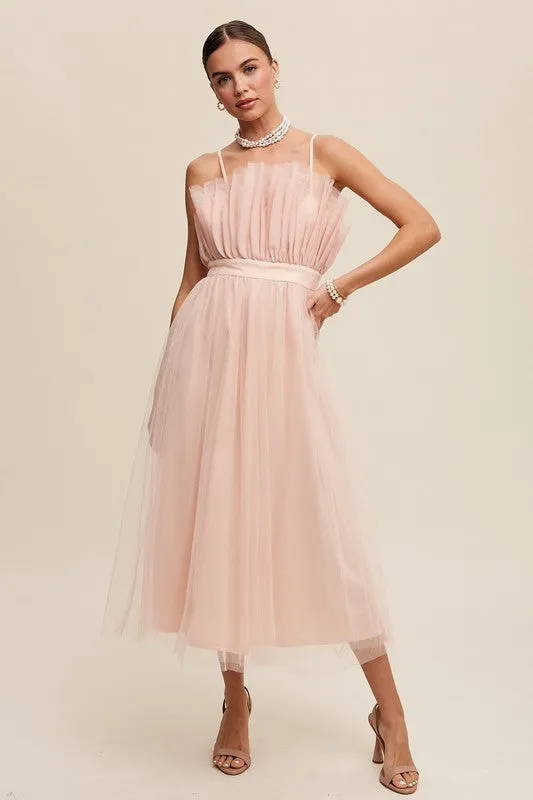 Frilled Tulle Midi Dress with Paper Bag Waist