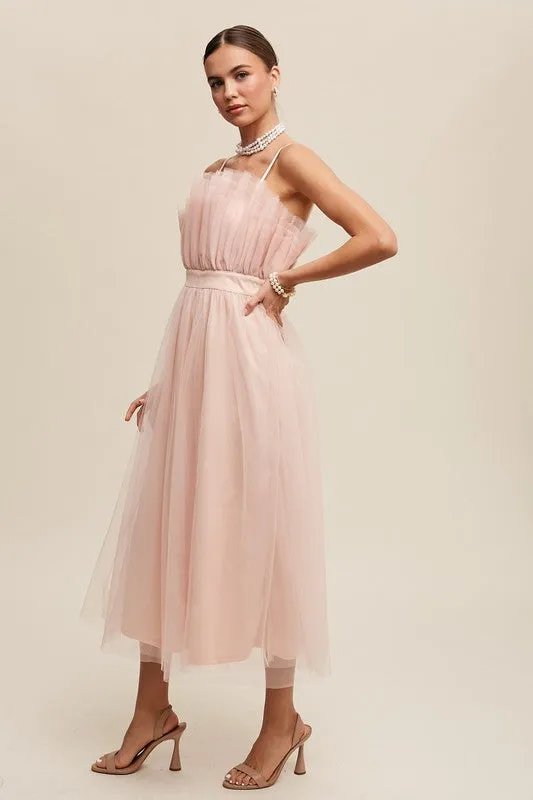 Frilled Tulle Midi Dress with Paper Bag Waist