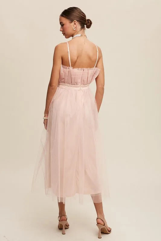 Frilled Tulle Midi Dress with Paper Bag Waist