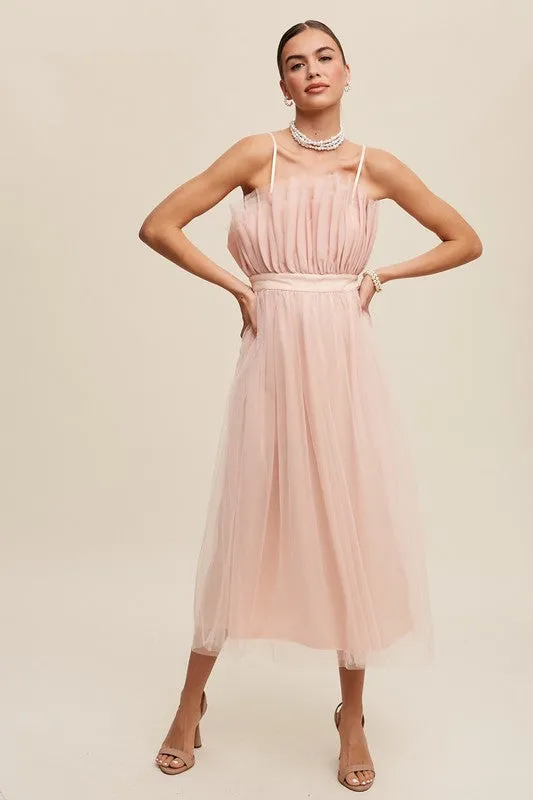 Frilled Tulle Midi Dress with Paper Bag Waist