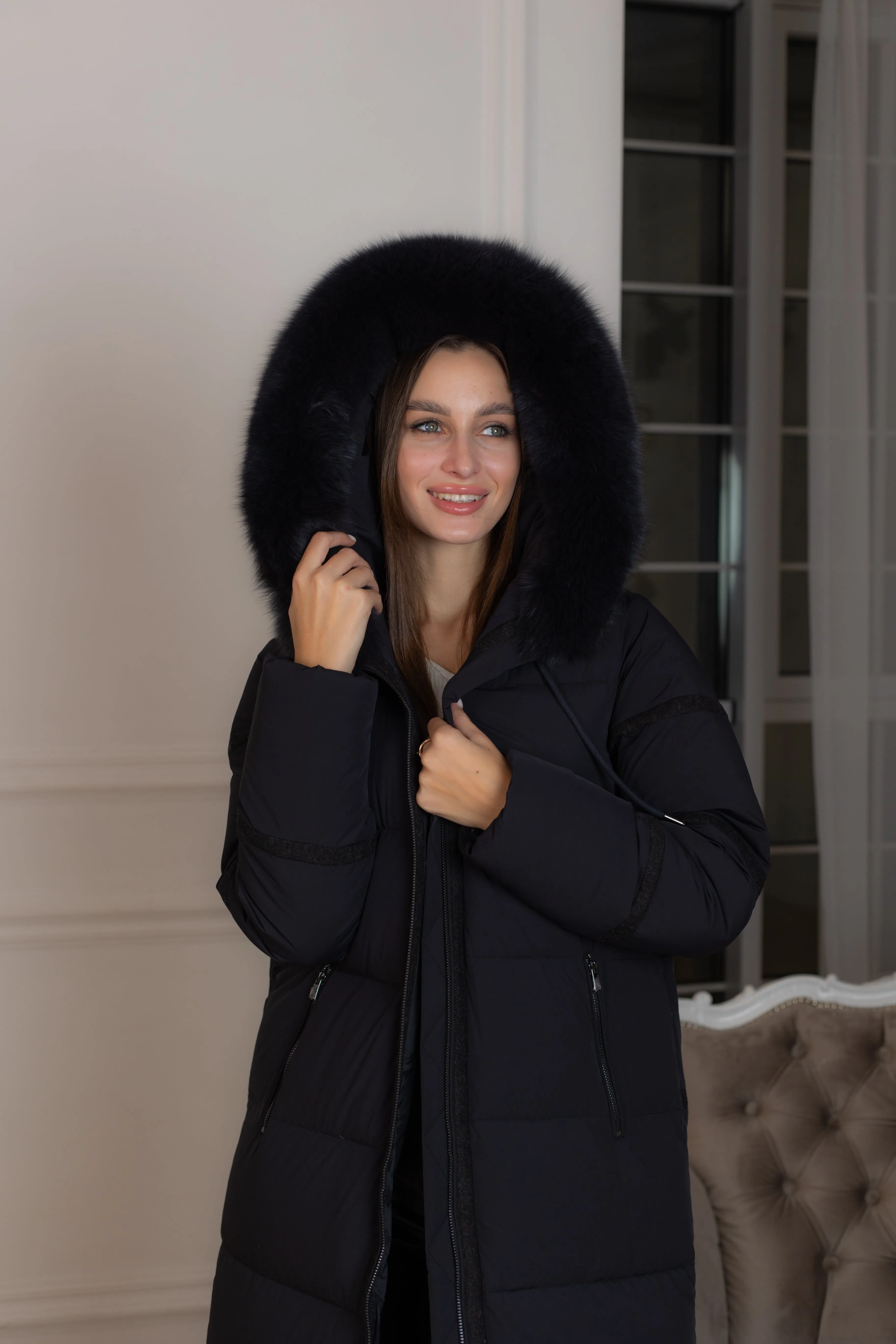 Genuine Polar Fox Fur Wool Trim Down Fill Coat