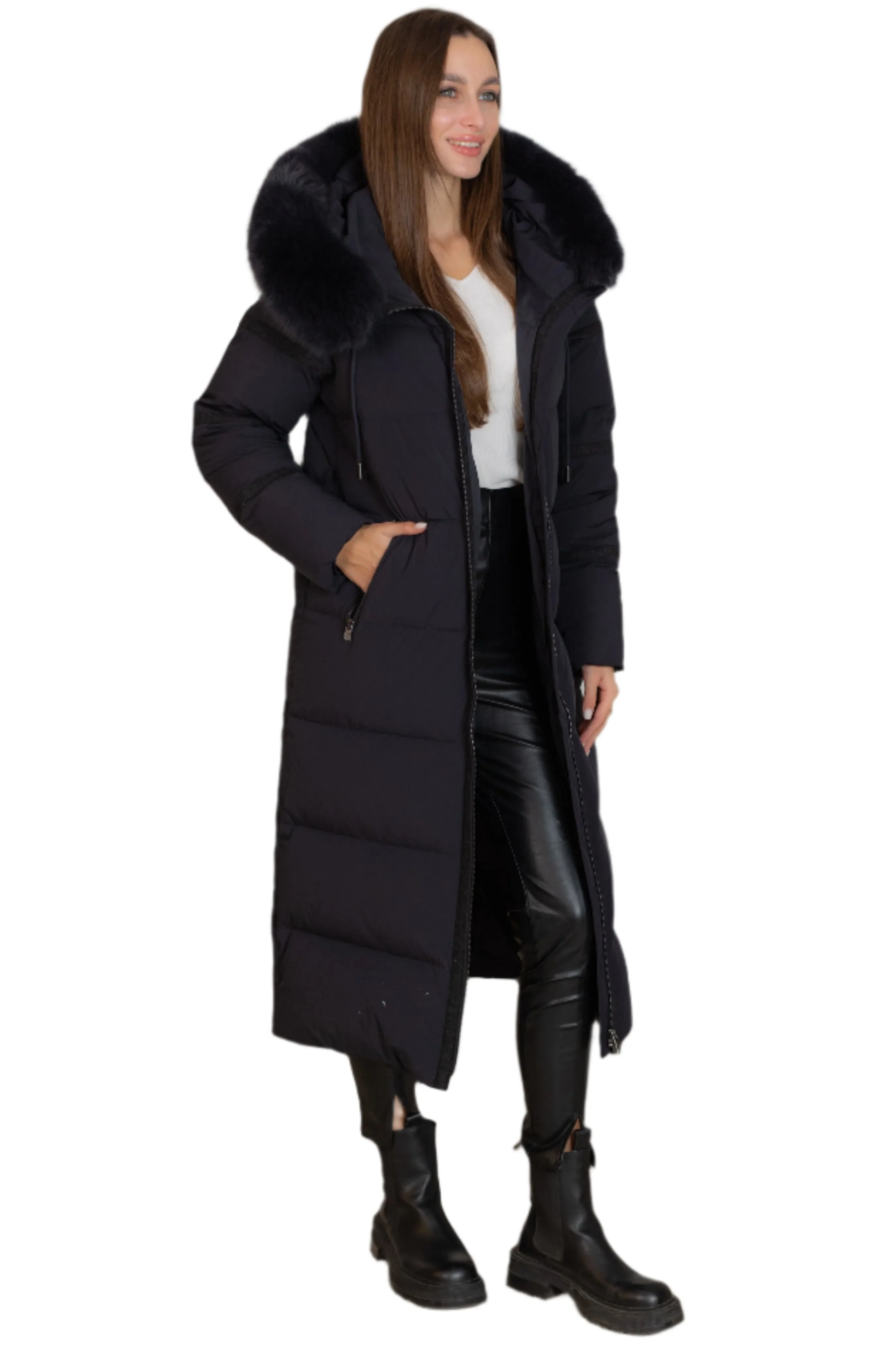 Genuine Polar Fox Fur Wool Trim Down Fill Coat