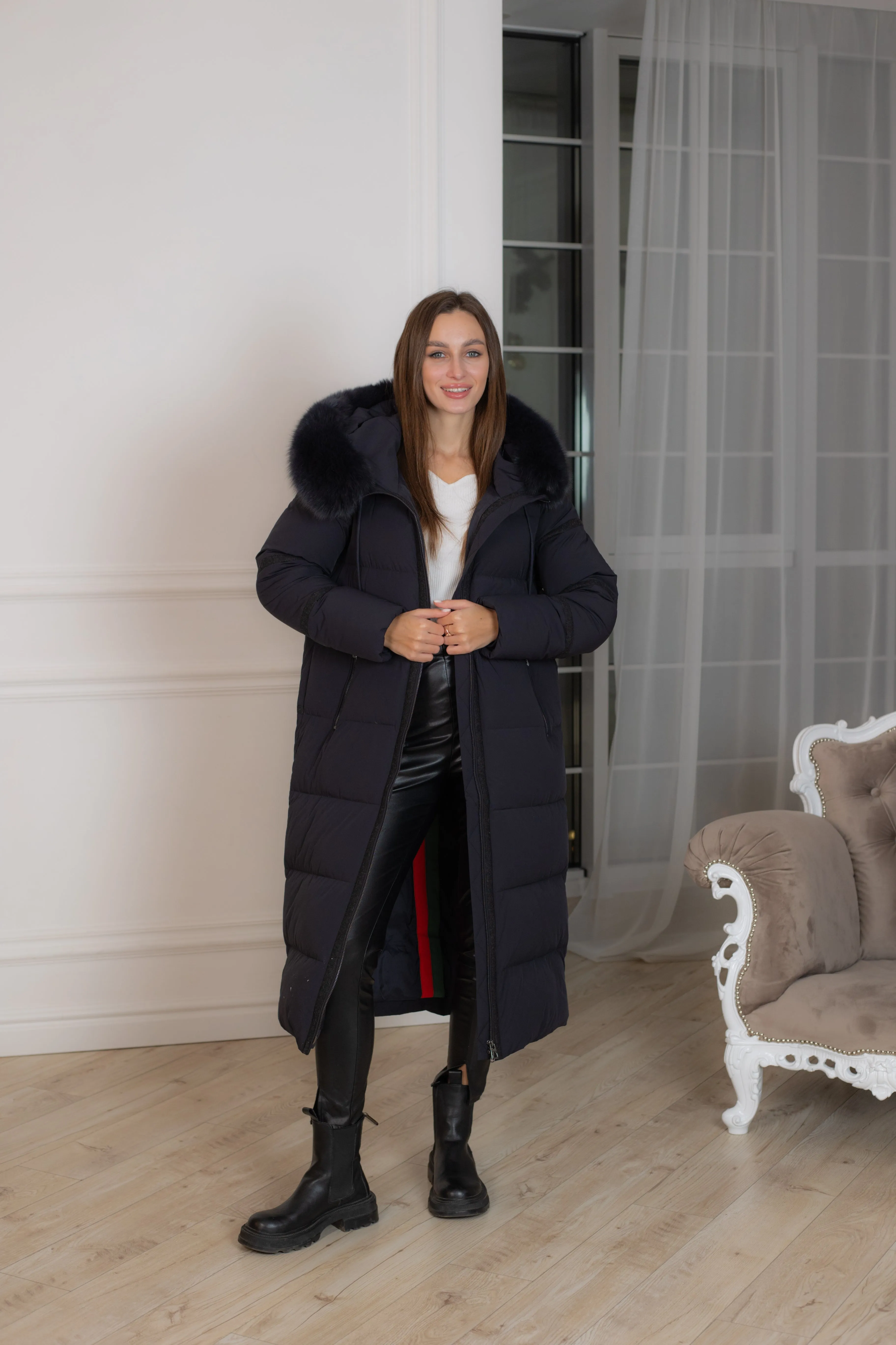 Genuine Polar Fox Fur Wool Trim Down Fill Coat